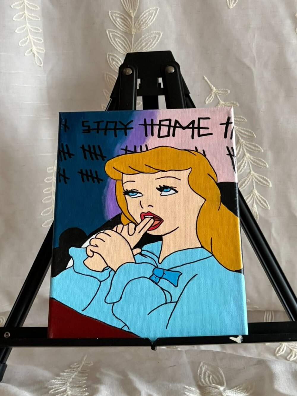 Hand-painted 8x10 acrylic canvas featuring a cheeky pop-art inspired Cinderella